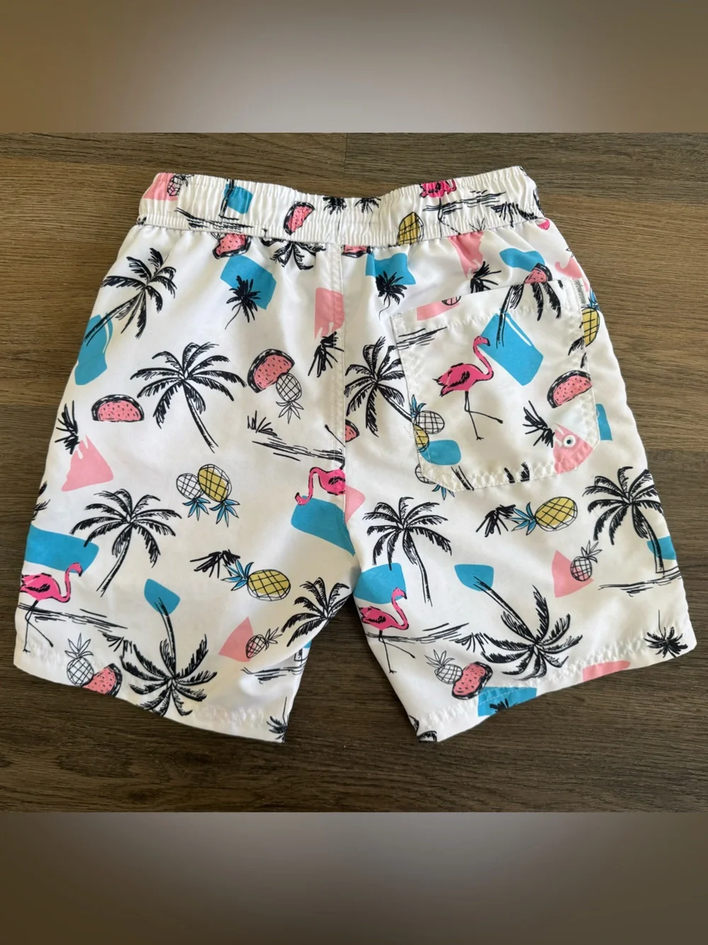 Boy’s White Tropical Print Swim Shorts with Flamingo Motif